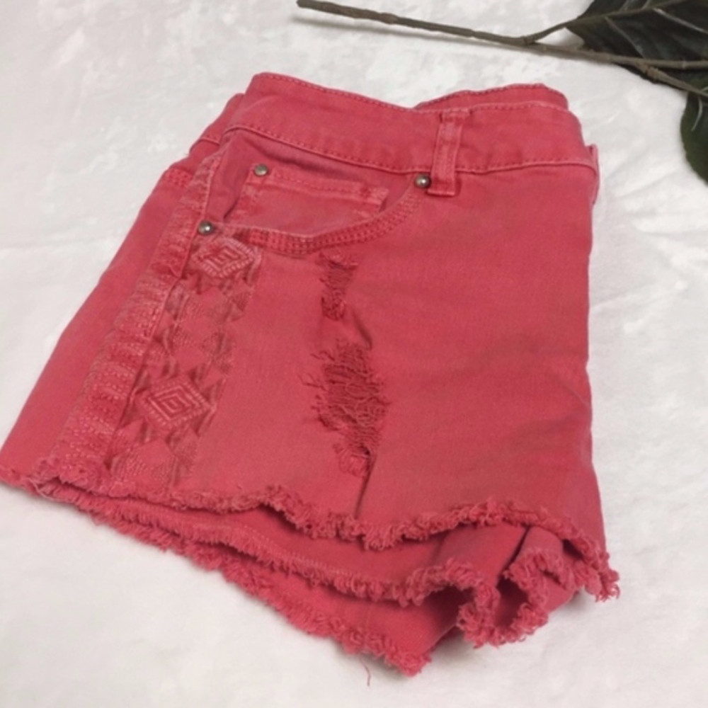 Love, Fire Embroidered Salmon Cut Off Jean Shorts